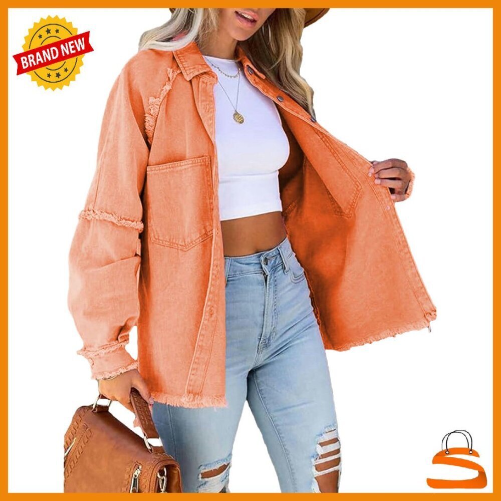 Oversized Denim Shacket Jacket with Pockets, Button Front